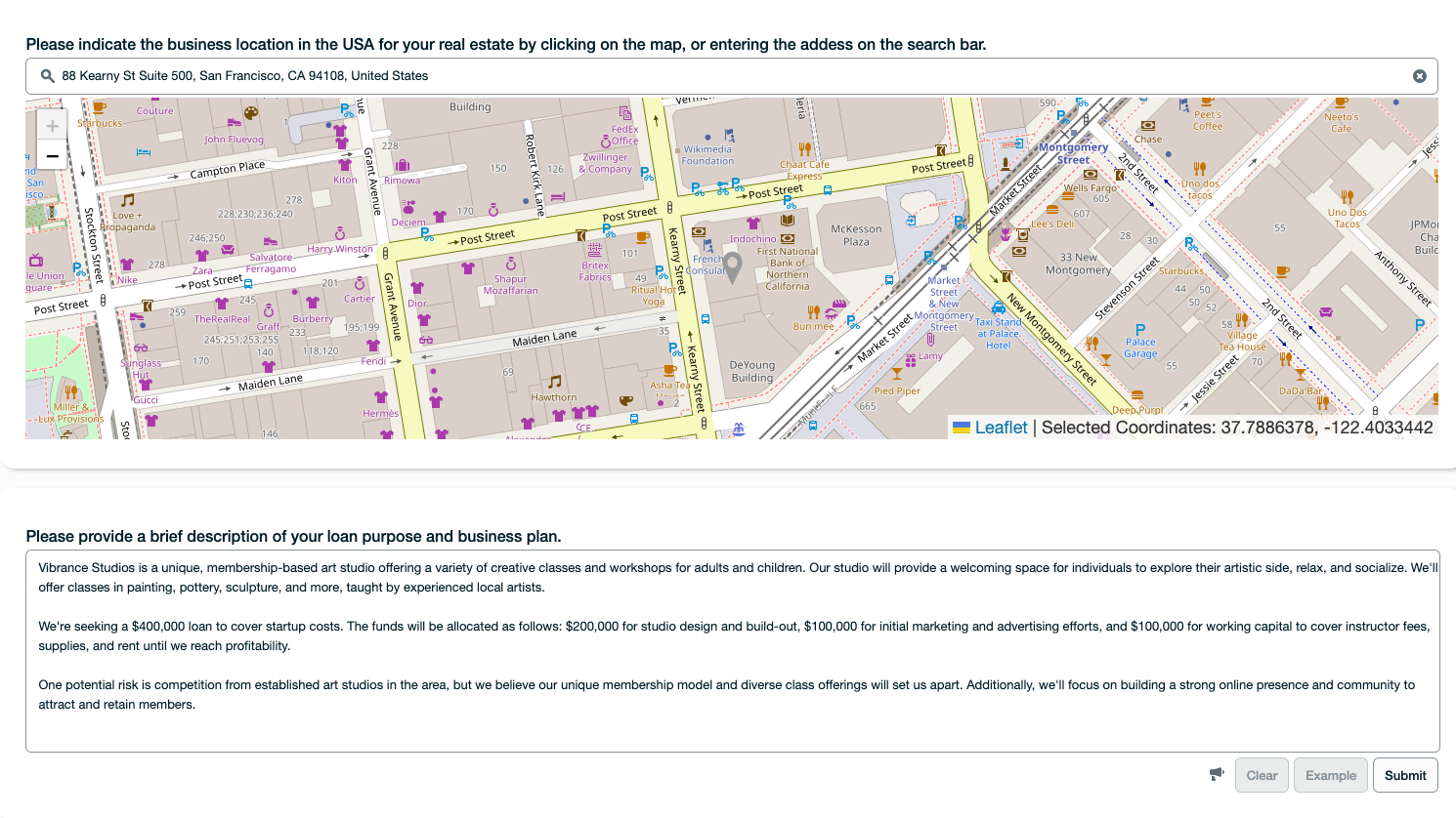 Figure 5: Choosing a location on the map and writing a brief plan description