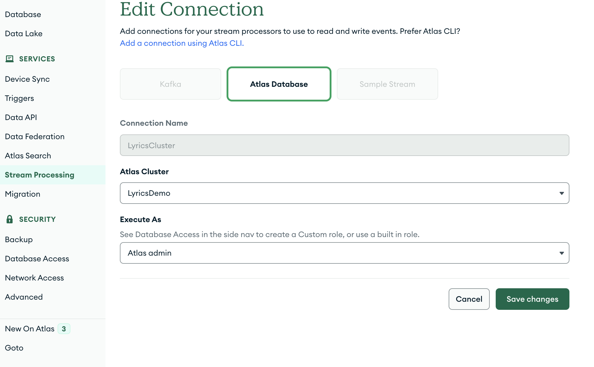 Stream Processing to Atlas settings